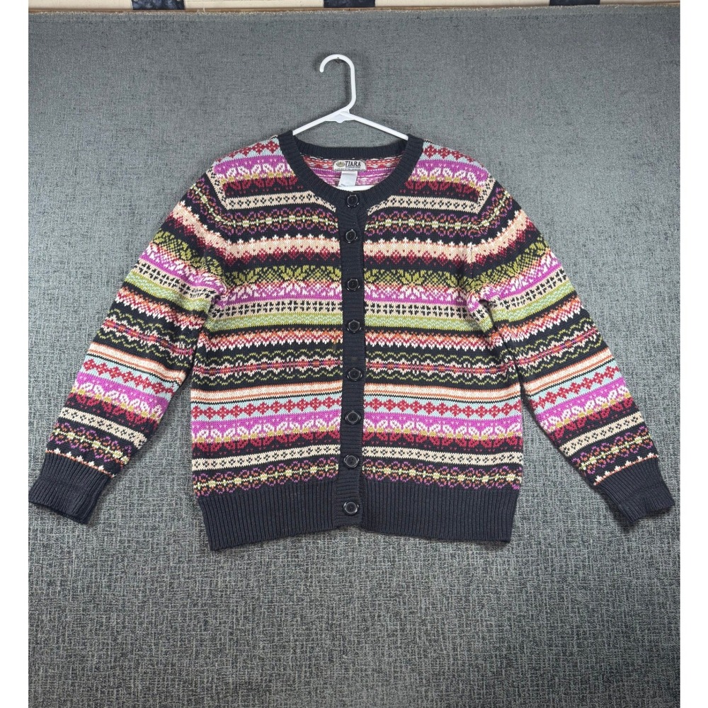Tiara International Fair Isle Cardigan Sweater Multi Color Ramie Cotton Small